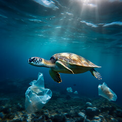 Obraz premium Sea turtle swimming the ocean surrounded by floating garbage and plastic bags. Concept of ocean pollution and the global environmental disaster. Shallow field of view.