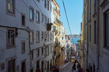 Fototapeta na wymiar The famous tram line of the Bica Street, Lisbon.
