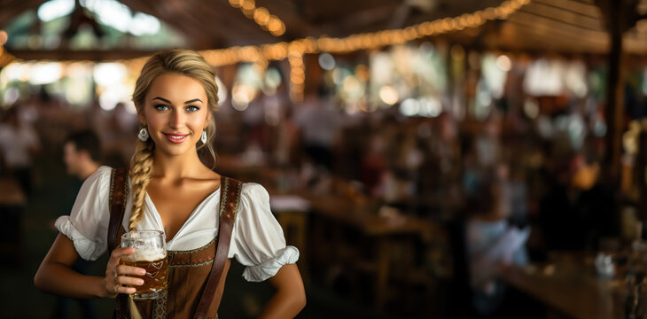 Beautiful German Oktoberfest waitress in a traditional Bavarian dress, holding a large mug of golden Beer at the festival grounds of a German Bier fest. Shallow field of view.