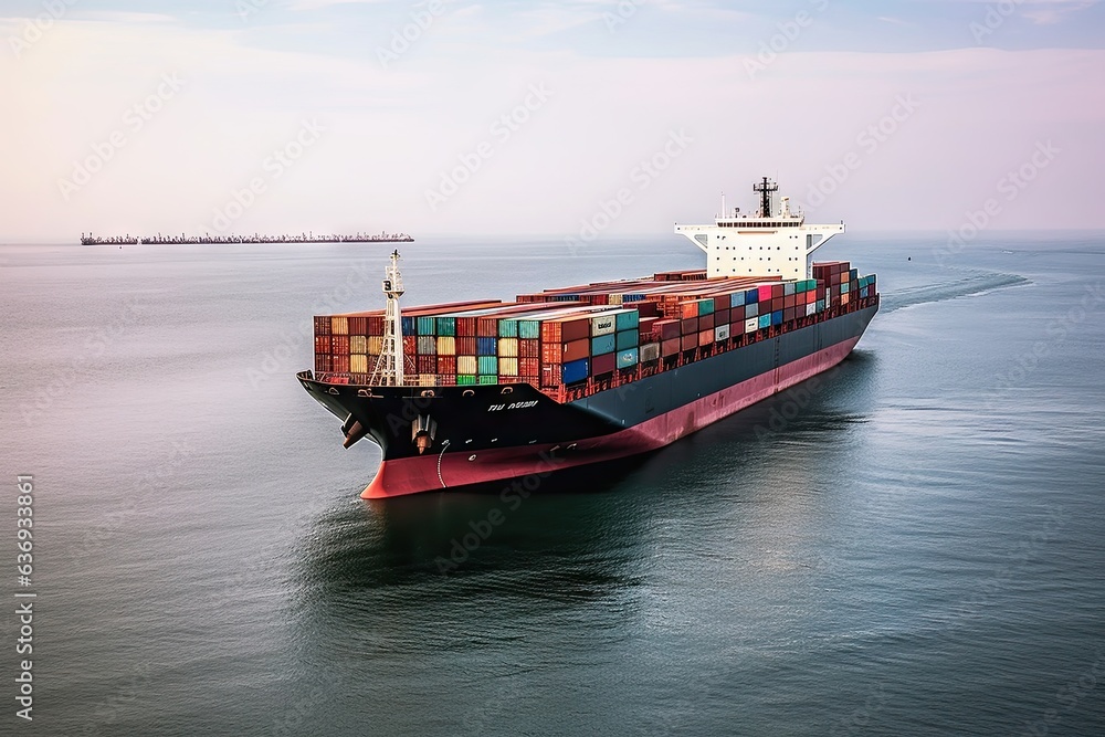 Poster seaborne commerce. navigating global shipping network. harbor hustle. glimpse into world of freight 