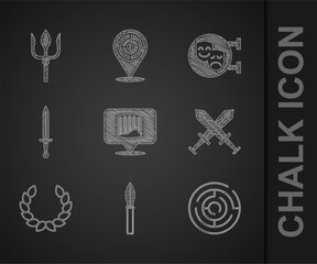 Set Ancient column, Medieval spear, Minotaur labyrinth, Crossed medieval sword, Laurel wreath, Comedy and tragedy masks and Neptune Trident icon. Vector