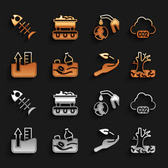 Set Problem pollution of the ocean, CO2 emissions in cloud, Withered tree, Sprout hand, Rise water level, Gas pump nozzle globe, Dead fish and Coal train wagon icon. Vector