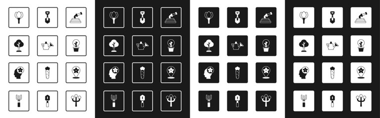 Set Garden hose, Watering can, Forest, Flower tulip, Shovel, Location with flower and Human head inside icon. Vector