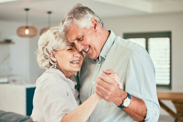 Holding hands, smile or happy old couple dancing for love or joy in marriage at home together. Hug,...