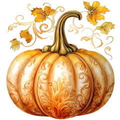 Golden pumpkin with patterns and leaves, ornate autumn pumpkins watercolor illustration isolated with a transparent background, unique fall harvest graphic design