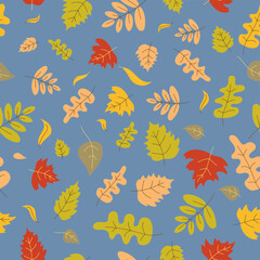 Autumn leaves pattern. Seamless vector background. Nature, autumn season. Autumn leaves are orange, beige, brown and yellow. Vector illustration in doodle style, wallpaper, packaging, textile.