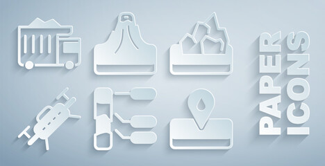 Set Soil analysis, Ore mining, Drone, Oilfield, Volcano and Mining dump truck icon. Vector © Vadim