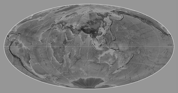 World map. Grayscale. Aitoff projection. Meridian: 90 east