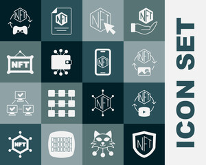 Set NFT shield, Digital crypto art, Cryptocurrency wallet, and Mobile with store app icon. Vector