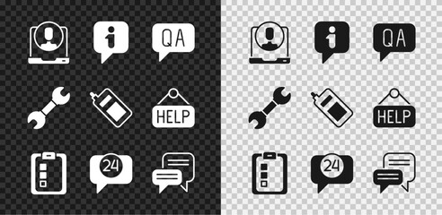 Set Telephone 24 hours support, Information, Question and Answer, Online quiz, test, survey, Speech bubble chat, Wrench spanner and Mobile icon. Vector