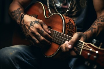 Talented unrecognizable male artist Caucasian musician teacher close up male hands playing guitar...