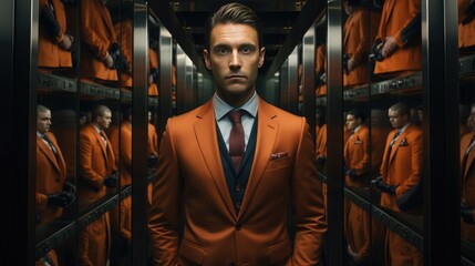 Concept of Monotonous Routine: A man stands in an elevator, surrounded by suits, carrying a briefcase, reflecting the repetitive nature of work.