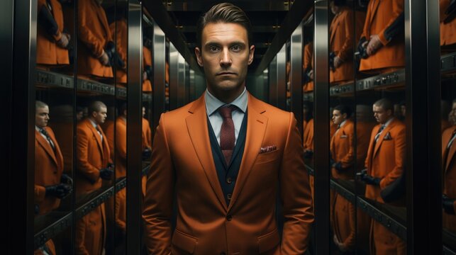 Concept of Monotonous Routine: A man stands in an elevator, surrounded by suits, carrying a briefcase, reflecting the repetitive nature of work.