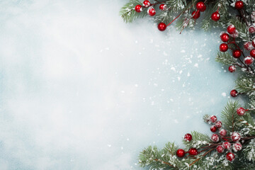 Snow-covered board frame framed by branches with red berries covered in frost. Copy space.