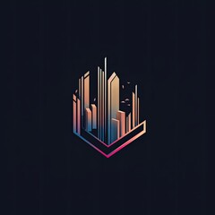 Creative logo for a real estate company with skyscrapers in pink and blue colours on black background