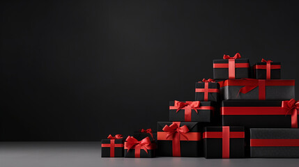 Stacked Black Wrapped Boxes with Vibrant Red Ribbons Creating a Striking Visual Centerpiece,black friday, christmas present, gift,  
