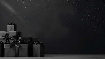 Black Gift Boxes Positioned Artfully on a Raised Podium,black friday, christmas present, gift,  