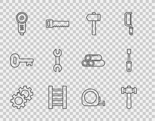 Fototapeta na wymiar Set line Gear, Hammer, Wooden staircase, Angle grinder, Wrench spanner, Roulette construction and Screwdriver icon. Vector