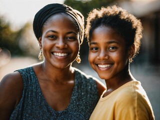 Obraz premium photo of happy family black mother and daughter, generative AI