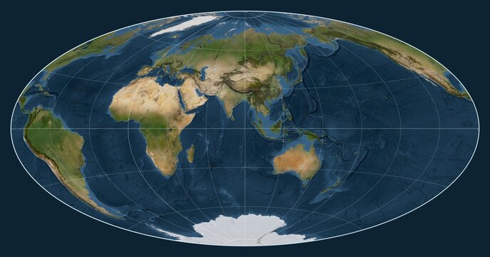 World map. Satellite. Aitoff projection. Meridian: 90 east