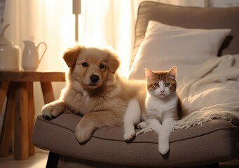 Cat and dog lying on the couch