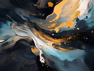 Splashes of bright paint on the canvas.Gold, black, blue and gray colors. Interior painting. Beautiful background. Generative AI
