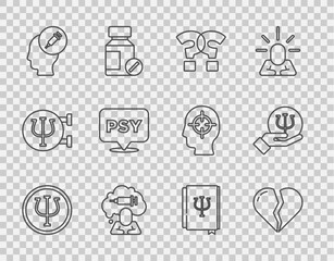 Set line Psychology, Psi, Broken heart or divorce, Question mark, Addiction to the drug, book, and icon. Vector