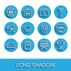 Set line Protractor, Clipboard with checklist, Basketball ball, Chalkboard, Award cup, Graduation cap, Alphabet and Head gear inside icon. Vector