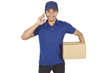 Delivery concept. Delivery man holding box and talking on smartphone on white background.