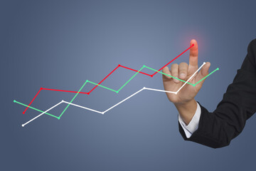 Hand touching graphs of financial indicator and accounting market economy analysis chart, business...