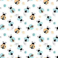 Seamless pattern with cute ladybugs, bees and flies. Vector background with colorful insects. Template for fabric, packaging, office, wallpaper. Cartoon style.
