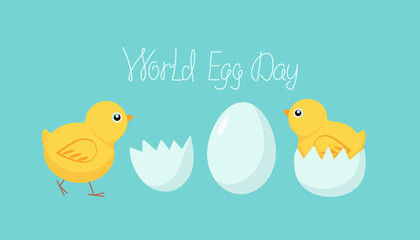 Chickens and eggs. World Egg Day.   Eggshell. Calligraphy lettering. Vector illustration, background isolated.
