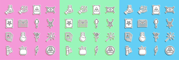 Set line Masons, Magic wand, Pentagram necklace, Ancient magic book, Antique treasure chest, Bottle with potion and hand mirror icon. Vector