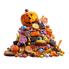 Pile of Halloween candy isolated on white transparent background, png, 3d