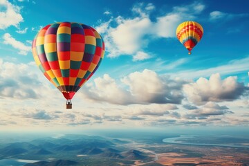 Fototapeta na wymiar Balloon flight. Beautiful background, travel theme. Generative AI.