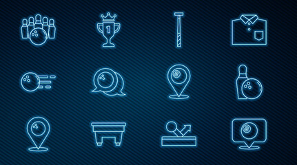 Set line Location with billiard ball, Bowling pin and, Billiard cue, and Award cup icon. Vector