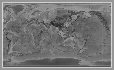 Tectonic plates. Grayscale. Compact Miller projection 90 east