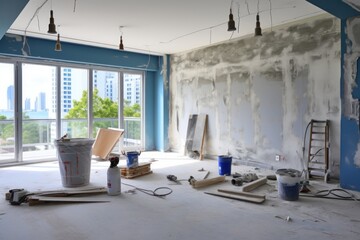 Renovation and modernization with flattened drywall walls in a condo room. Generative AI.