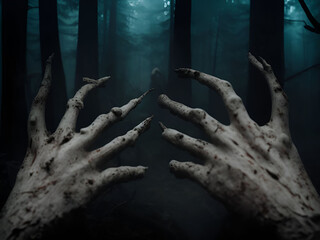 Ghost hands in horror dark forest background. Generative ai