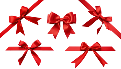 set of red bow with diagonaly ribbon on the corner for gift decor on transparent background. png