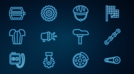 Set line Bicycle chain with gear, helmet, head lamp, Cycling t-shirt, pedal, seat and cassette icon. Vector