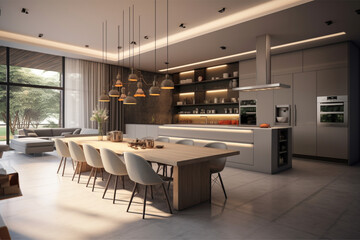 Kitchen in New Luxury Home with Island  Stainless Steel refrigerator  microwave  oven  pendant lights  and chairs