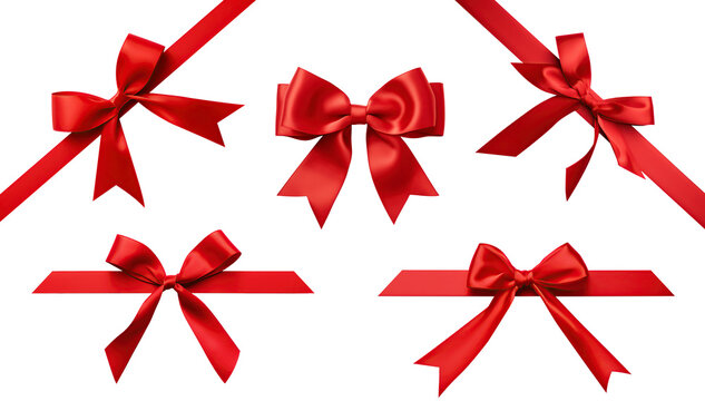 set of red bow with diagonaly ribbon on the corner for gift decor on transparent background. png