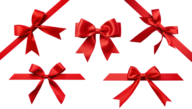 set of red bow with diagonaly ribbon on the corner for gift decor on transparent background. png