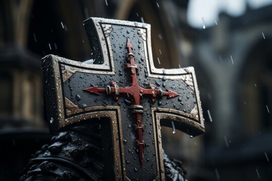 Close-up shots of the iconic symbols associated with the Knights Templar, such as the cross pattee, engraved on stone or metal surfaces. Generative Ai