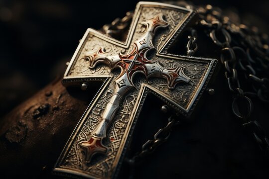 Close-up shots of the iconic symbols associated with the Knights Templar, such as the cross pattee, engraved on stone or metal surfaces. Generative Ai