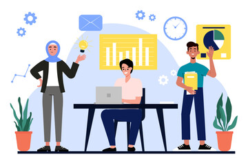 flat illustration of business team discussing ideas for startup and checking stats, illustration of team working together, vector team collaborating