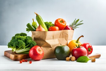 Healthy food background. Healthy vegan vegetarian food in paper bag vegetables and fruits on white, copy space, banner