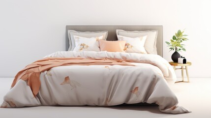 Double bed with duvet and cushions and decors.