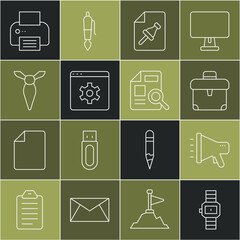 Set line Wrist watch, Megaphone, Briefcase, Note paper with push button, Browser setting, Tie, Printer and Document graph chart icon. Vector